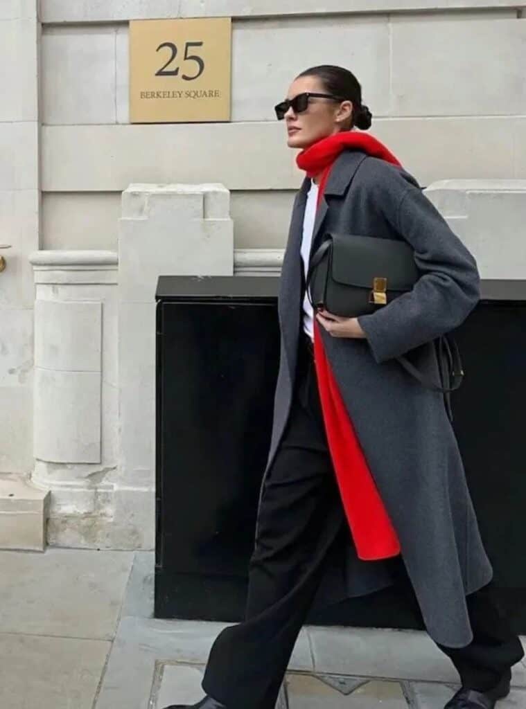 1 Gray Long Coat Red Scarf Black Wide Leg Trousers Black Boots red and white christmas outfit gray coat red scarf black trousers