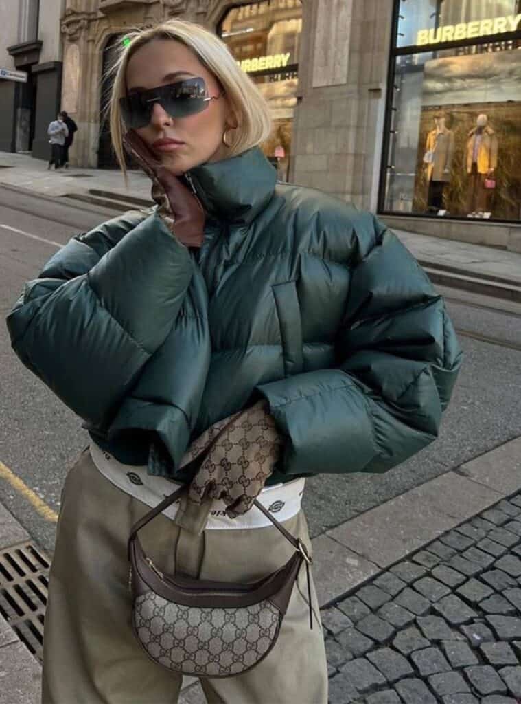 1 Green Puffer Jacket Khaki Trousers Printed Shoulder Bag red and green christmas outfit puffer jacket khaki trousers