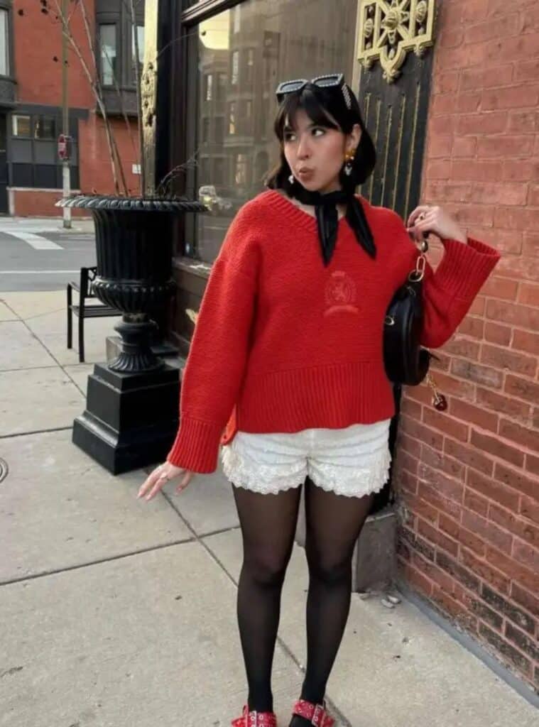1 Red Knit Sweater Lace Trim Shorts Tights red christmas sweater outfit lace shorts tights