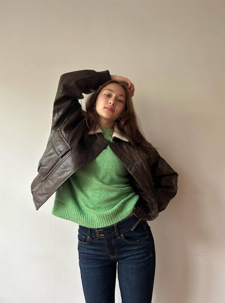 10 Cropped Brown Leather Bomber Neon Green Sweater and Dark Wash Jeans winter green outfits leather bomber neon sweater dark jeans