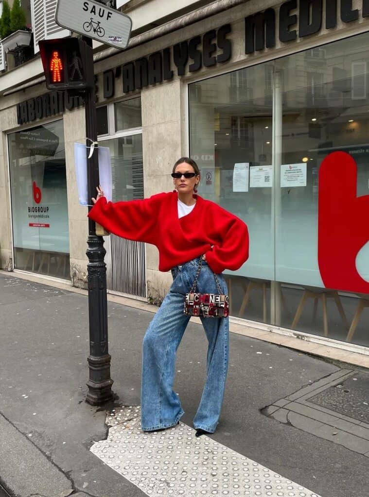 10 Red Off Shoulder Sweater Wide Leg Blue Jeans red christmas sweater outfit off shoulder sweater jeans