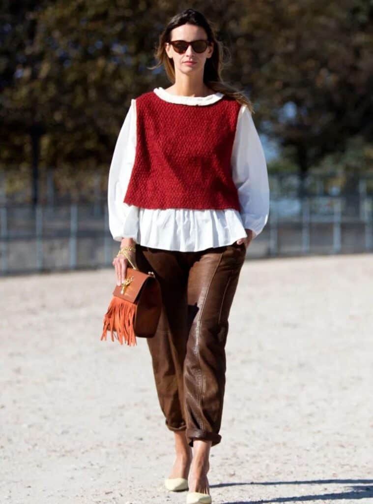 10 White Ruffle Blouse Red Knit Vest Brown Leather Joggers Fringe Bag red outfit for christmas blouse knit vest leather joggers