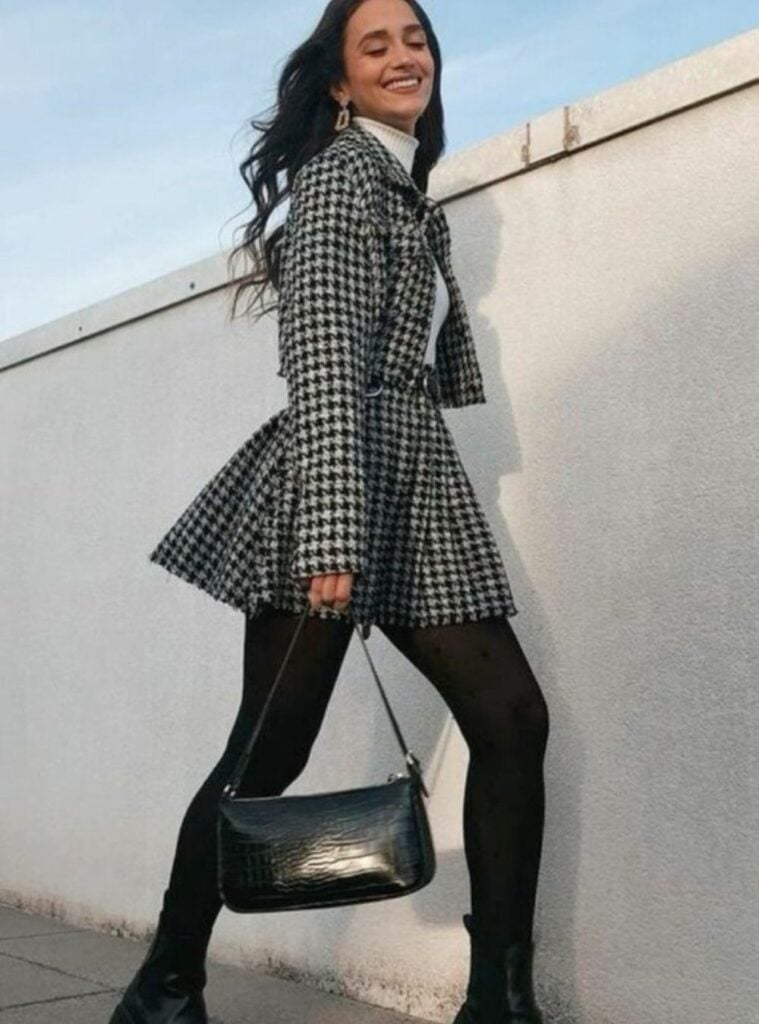 11 Black and White Houndstooth Jacket Matching Skirt Black Tights Black Chunky Chelsea Boots christmas eve outfit ideas houndstooth jacket skirt