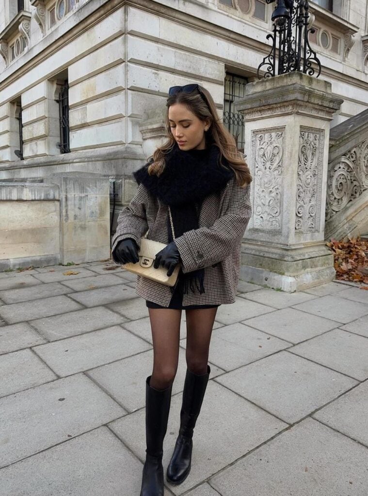 11 Brown Plaid Jacket Black Faux Fur Scarf Black Mini Skirt Black Knee High Boots new york fashion winter plaid jacket fur scarf mini skirt