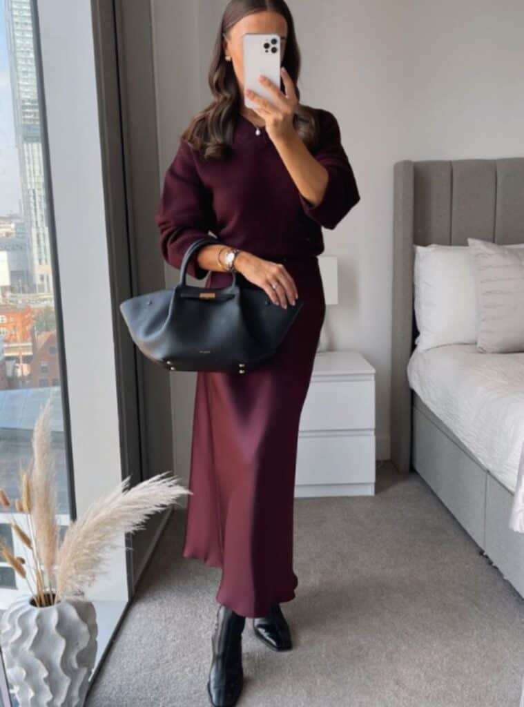 11 Burgundy Knit Sweater Silk Midi Skirt Black Ankle Boots red color outfits knit sweater silk skirt ankle boots