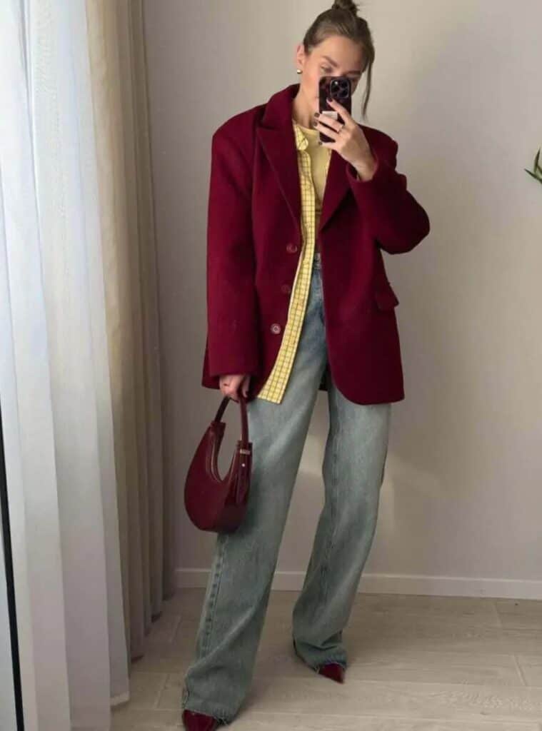 11 Burgundy Oversized Blazer Gingham Shirt Wide Leg Jeans green outfit for christmas blazer gingham shirt jeans