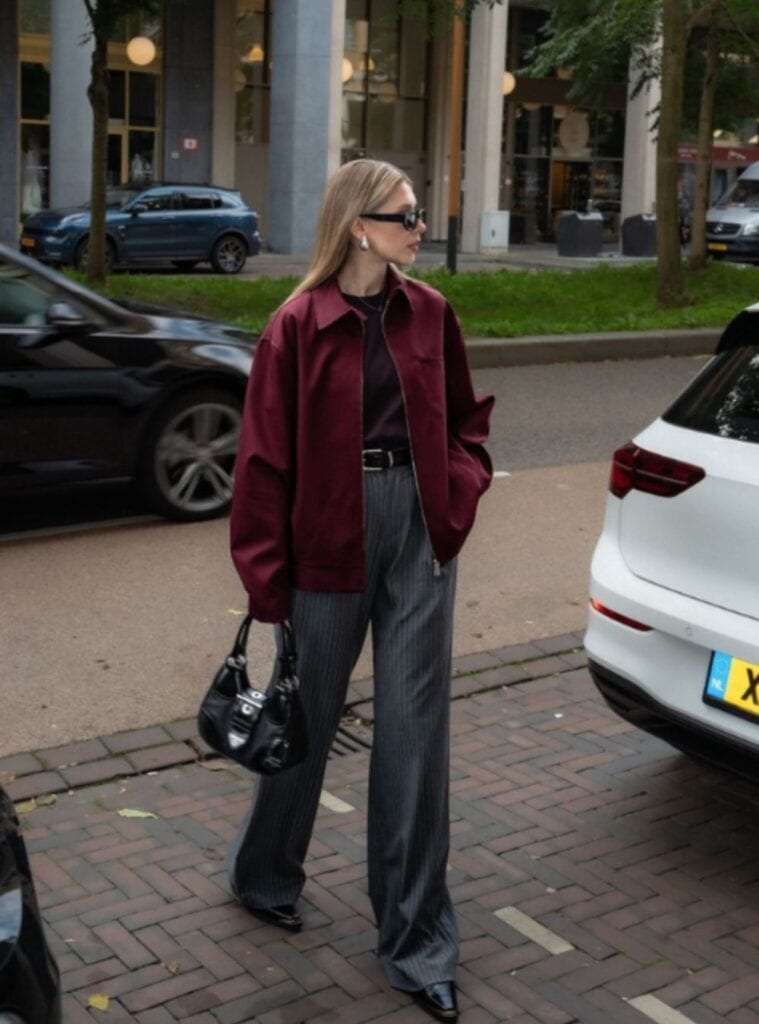 12 Burgundy Bomber Jacket Pinstripe Wide Leg Trousers Pointed Black Heels red sweater winter outfit bomber jacket pinstripe trousers