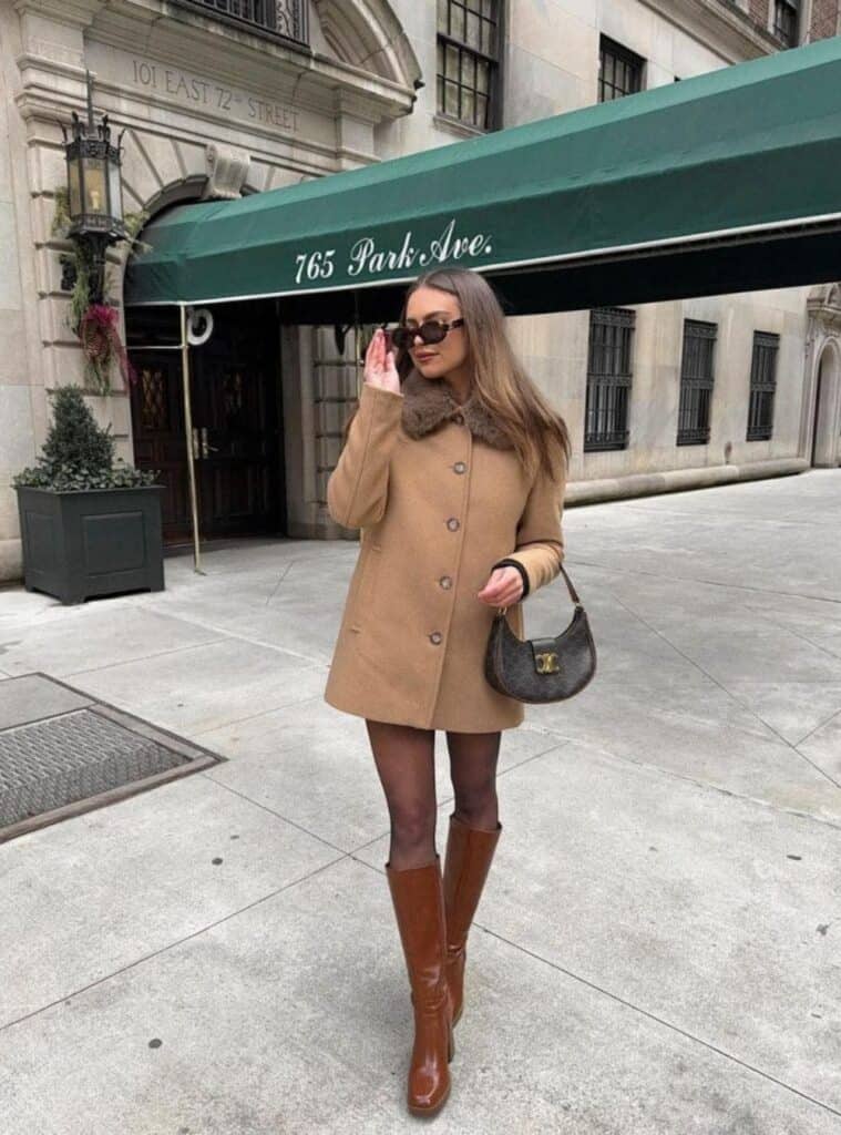 12 Camel Coat with Faux Fur Collar Black Tights Brown Knee High Boots Dark Brown Shoulder Bag christmas outfit for church camel coat fur collar boots