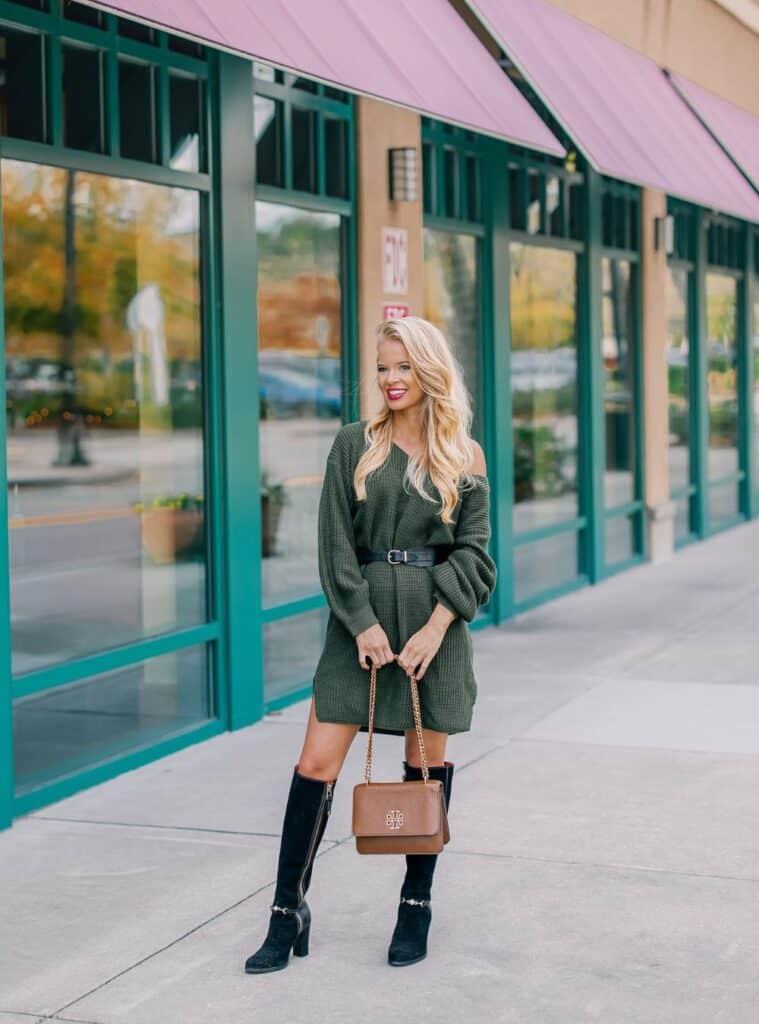 12 Olive Knit Sweater Dress Black Belt and Suede Knee Boots winter green outfits knit sweater dress belt knee boots