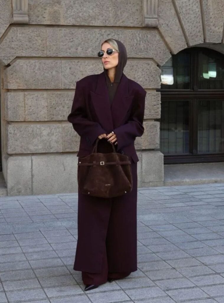 12 Purple Oversized Blazer Hooded Top Wide Leg Trousers Suede Bag red and green christmas outfit purple blazer hooded top