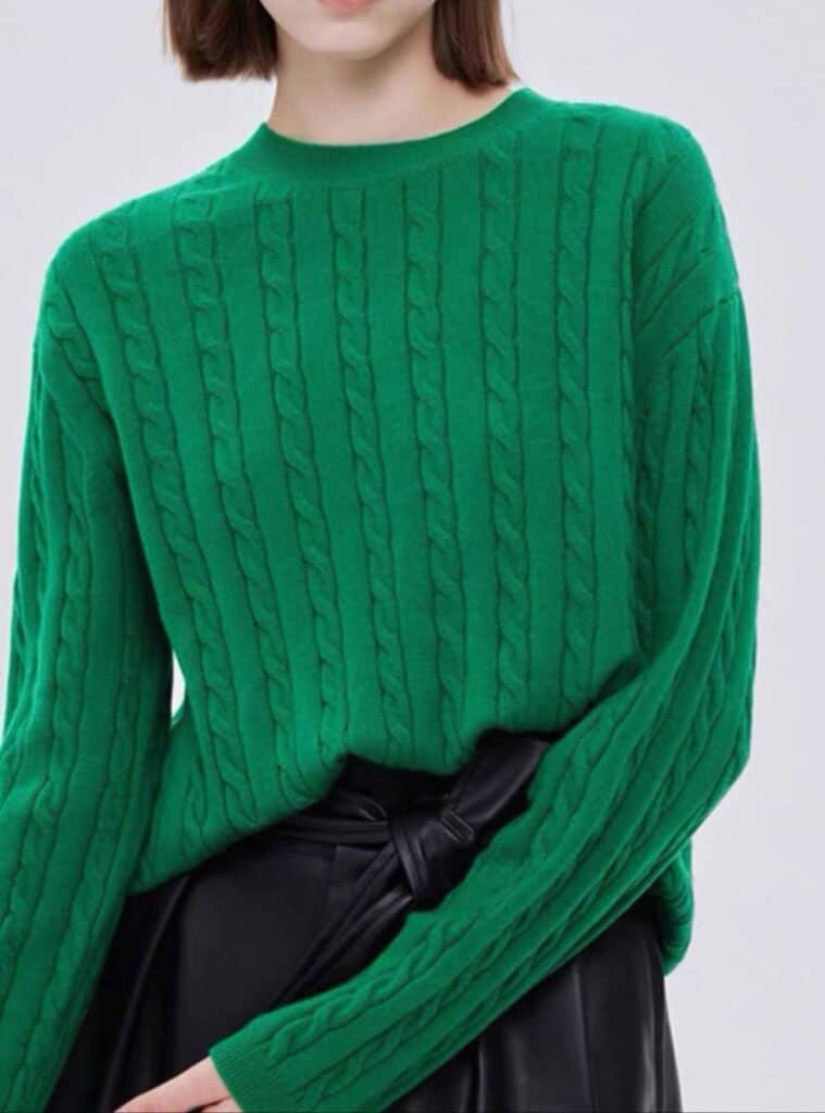 13 Cable Knit Green Sweater Black Faux Leather Skirt and Black Tights cute outfits for christmas cable knit sweater leather skirt