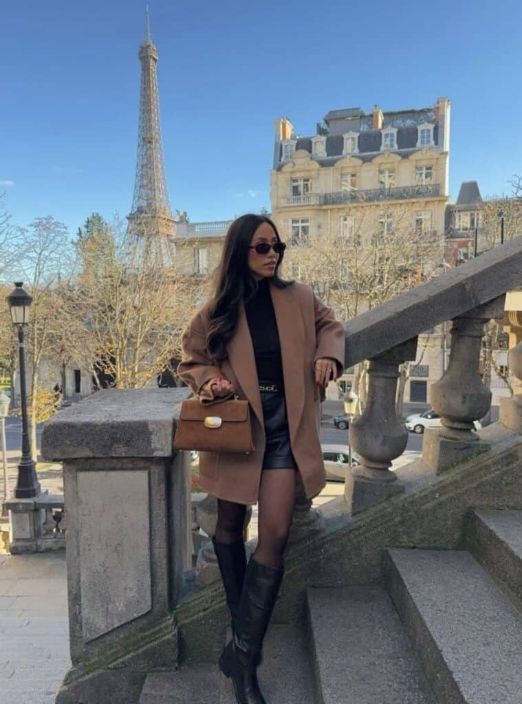 13 Camel Car Coat Black Turtleneck Black Faux Leather Shorts Black Knee High Boots christmas eve church outfit car coat leather shorts