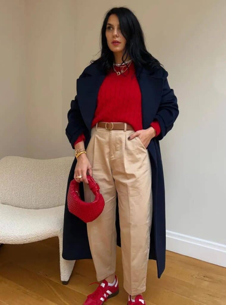 13 Navy Long Coat Red Cable Knit Sweater Tailored Khaki Trousers Red Sneakers red christmas sweater outfit navy coat khaki trousers sneakers