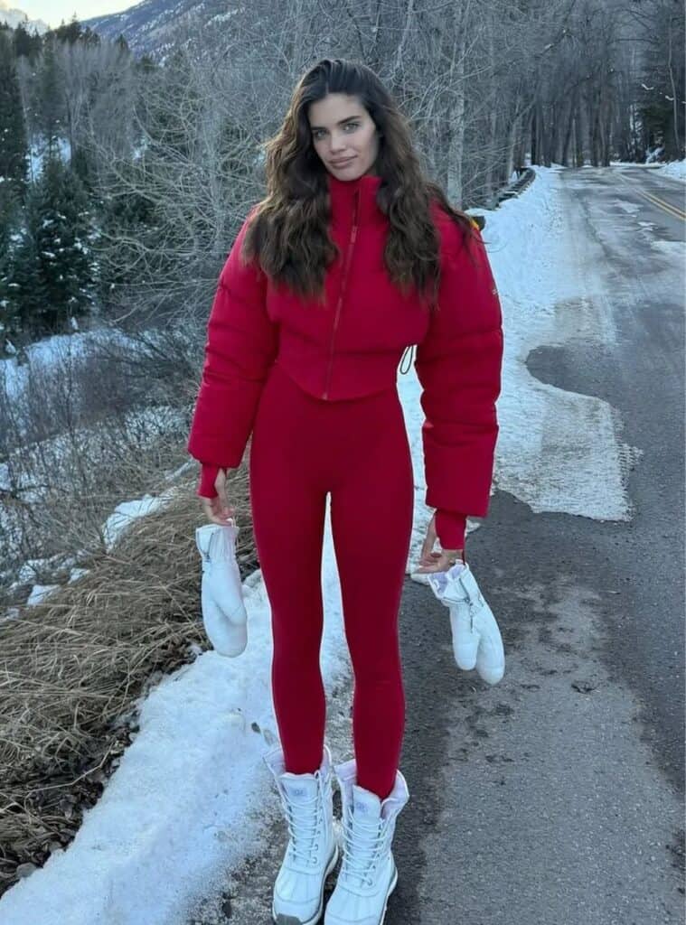 13 Red Cropped Puffer Jacket Red Leggings White Snow Boots red outfit for christmas cropped puffer jacket red leggings