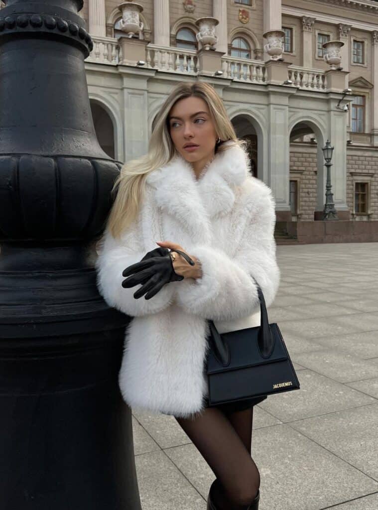 13 White Fur Coat Black Leather Gloves and Mini Top Handle Bag white christmas outfit fur coat black gloves