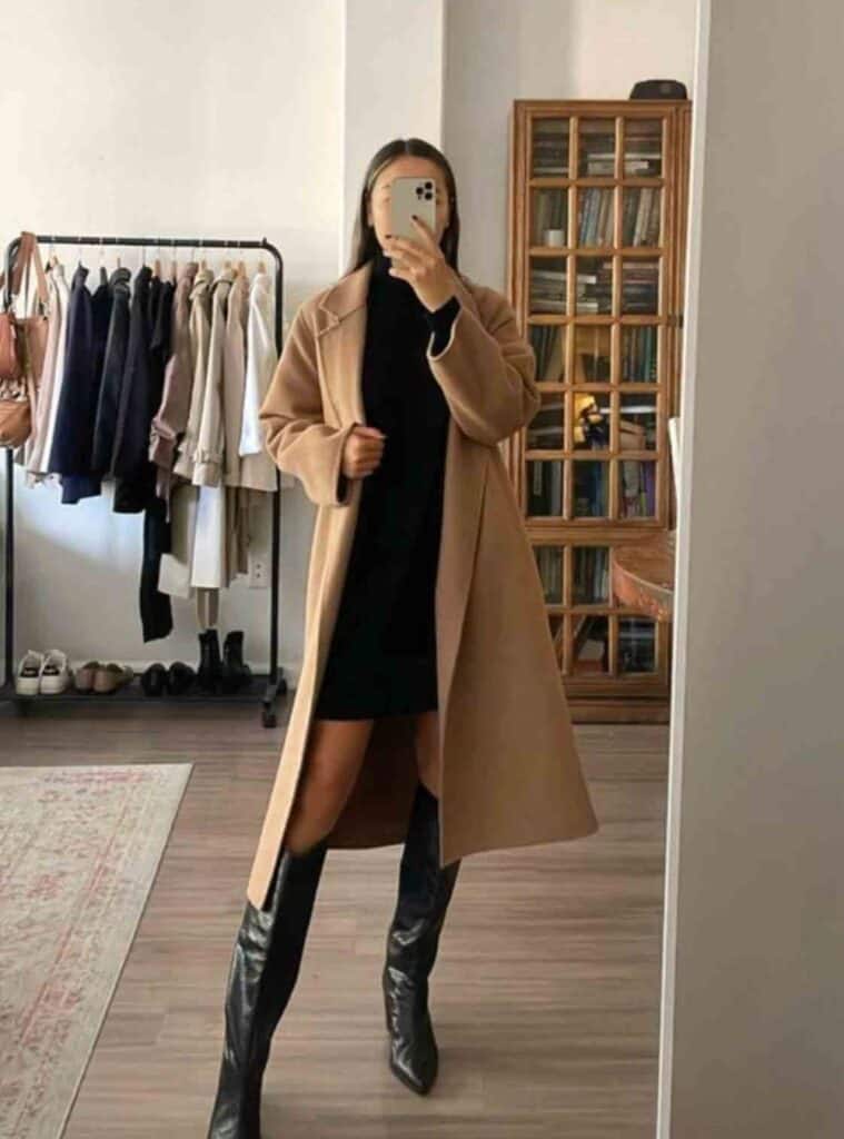 14 Camel Coat Black Turtleneck Mini Dress Black Knee High Boots office outfit for women camel coat black mini dress
