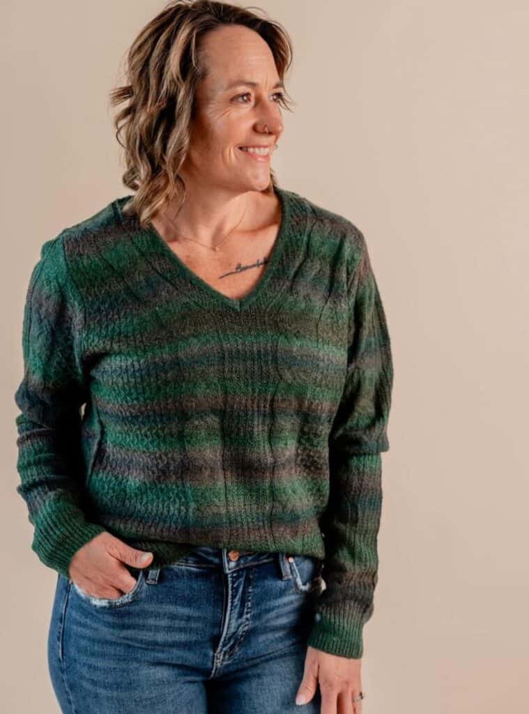 14 Multicolor V Neck Striped Sweater and Distressed Blue Jeans green christmas sweater outfit striped sweater distressed jeans