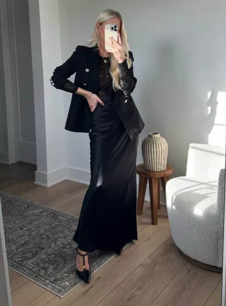 15 Black Blazer Black Lace Top Black Silk Maxi Skirt Black Strappy Pointed Heels cute nye outfits blazer lace top silk skirt heels