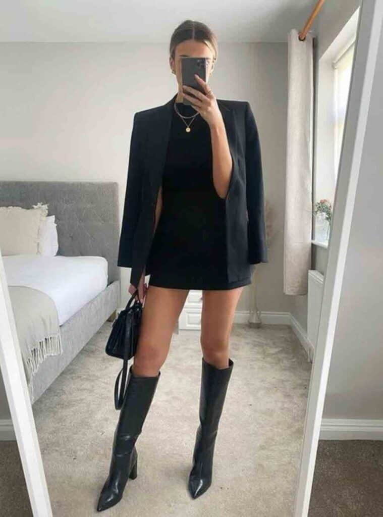 15 Black Blazer Black Mini Dress Black Knee High Boots office christmas party outfit for women black blazer mini dress