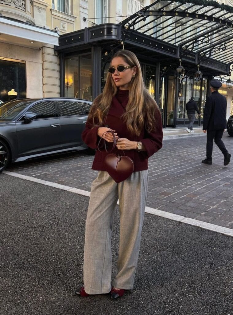 15 Burgundy High Neck Sweater Gray Wide Leg Trousers Burgundy Heart Bag red color outfits high neck sweater wide trousers heart bag