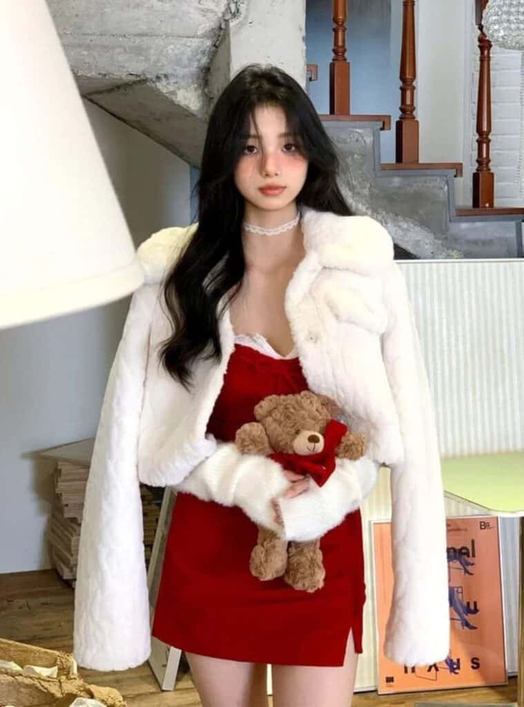 15 White Cropped Faux Fur Jacket Red Mini Dress Silver Chain Bag red and white christmas outfit faux fur jacket red mini dress