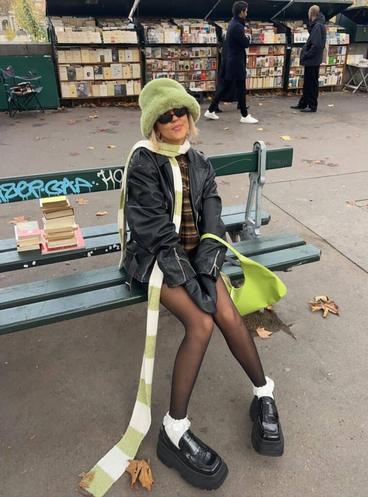 16 Black Leather Biker Jacket Plaid Top Fuzzy Green Hat Striped Scarf Platform Loafers red and green christmas outfit biker jacket plaid top green hat