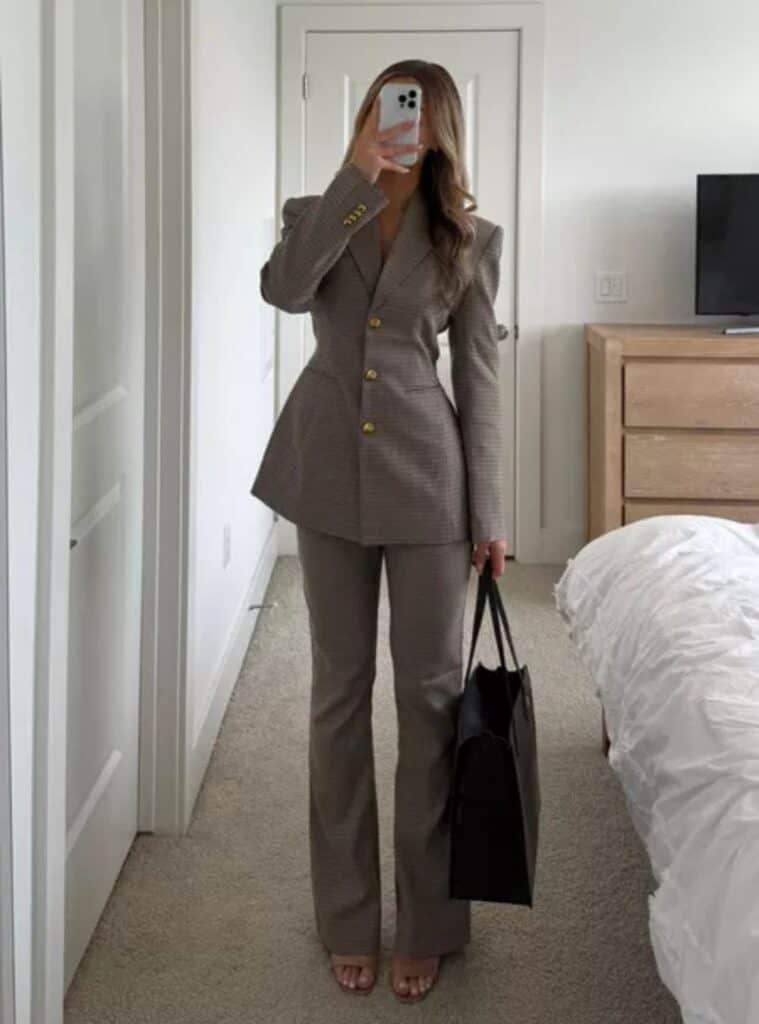 16 Checked Peplum Suit Jacket Matching Flared Trousers Nude Heels Large Black Tote Bag christmas eve church outfit checked peplum suit