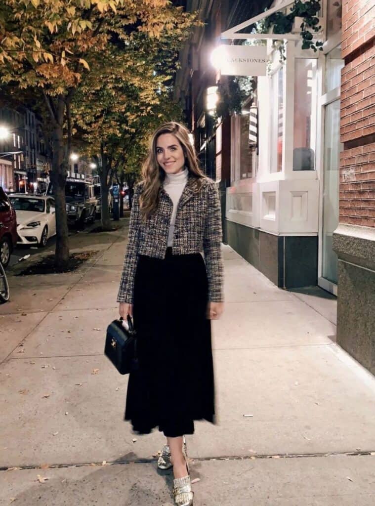16 Cropped Tweed Jacket White Turtleneck Black Midi Skirt Glitter Flats christmas inspo outfit tweed jacket turtleneck midi skirt