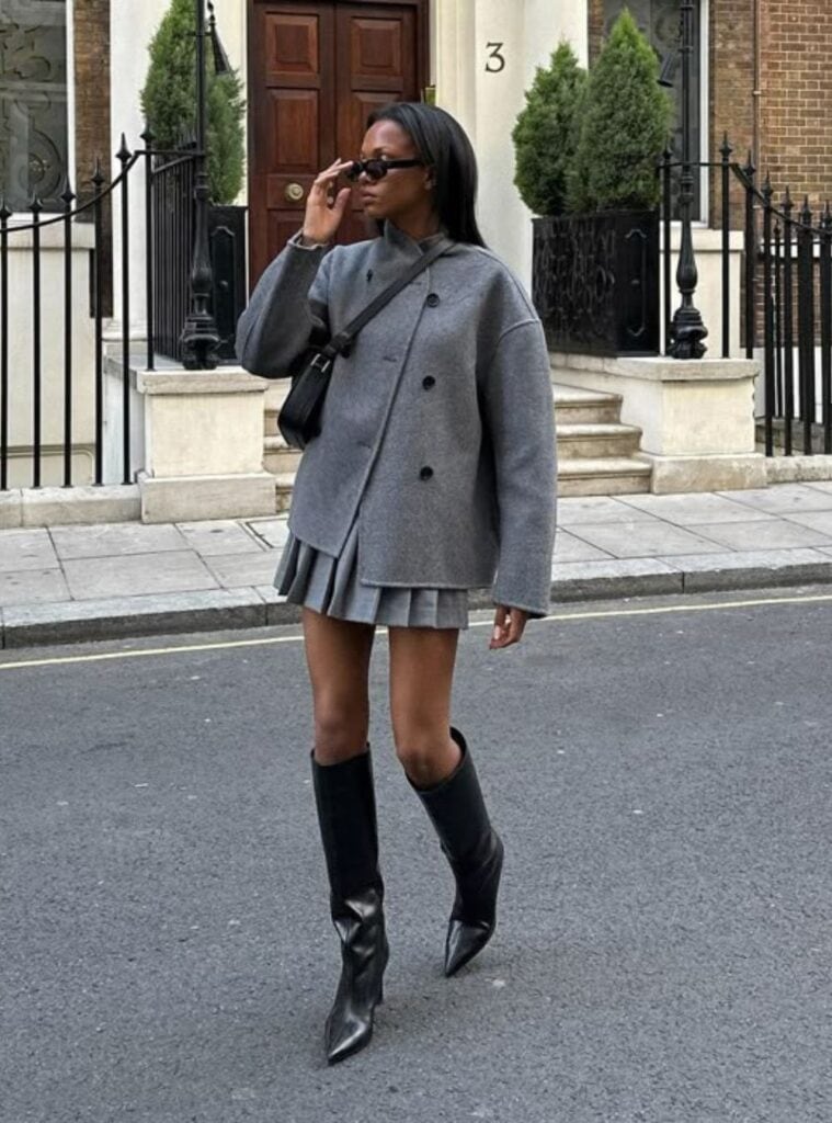 16 Gray Double Breasted Jacket Gray Pleated Mini Skirt Black Knee High Boots new york fashion winter gray jacket pleated skirt boots