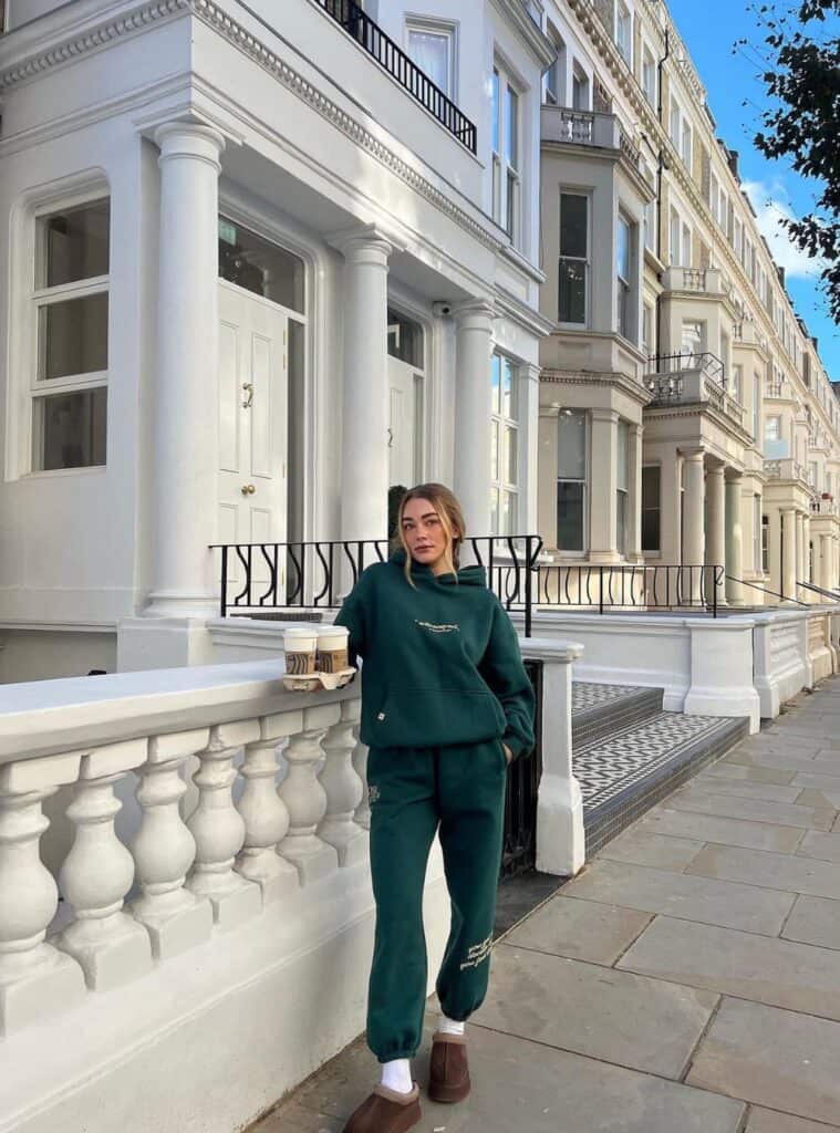 16 Green Hooded Sweatshirt Matching Joggers and Brown Fur Slippers winter green outfits hooded sweatshirt joggers fur slippers