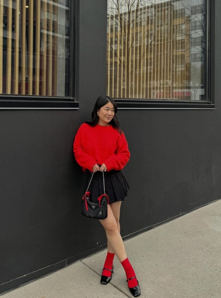 16 Red Knit Sweater Black Pleated Mini Skirt Black Patent Mary Janes Red Socks red christmas sweater outfit knit sweater pleated skirt mary janes