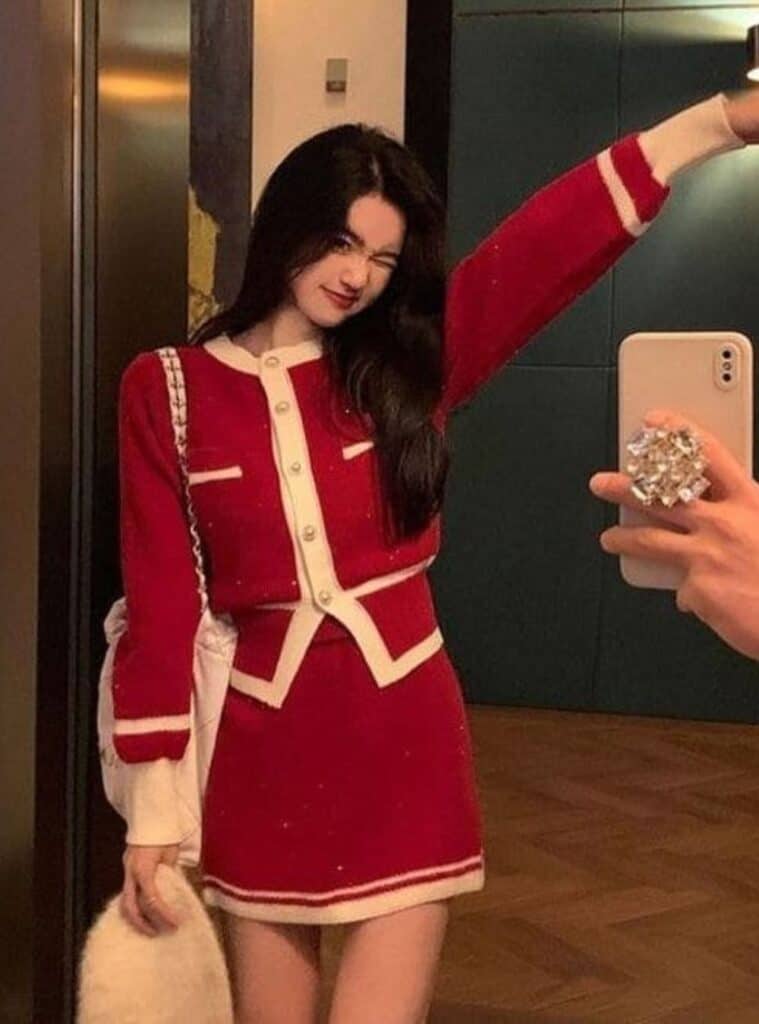 16 Red and White Trim Cardigan Matching Mini Skirt White Tights Red Heels christmas inspo outfit trim cardigan mini skirt red heels