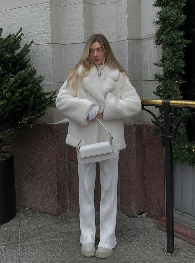 16 Shearling Coat Turtleneck and Pleated Knit Trousers white christmas outfit shearling coat knit trousers
