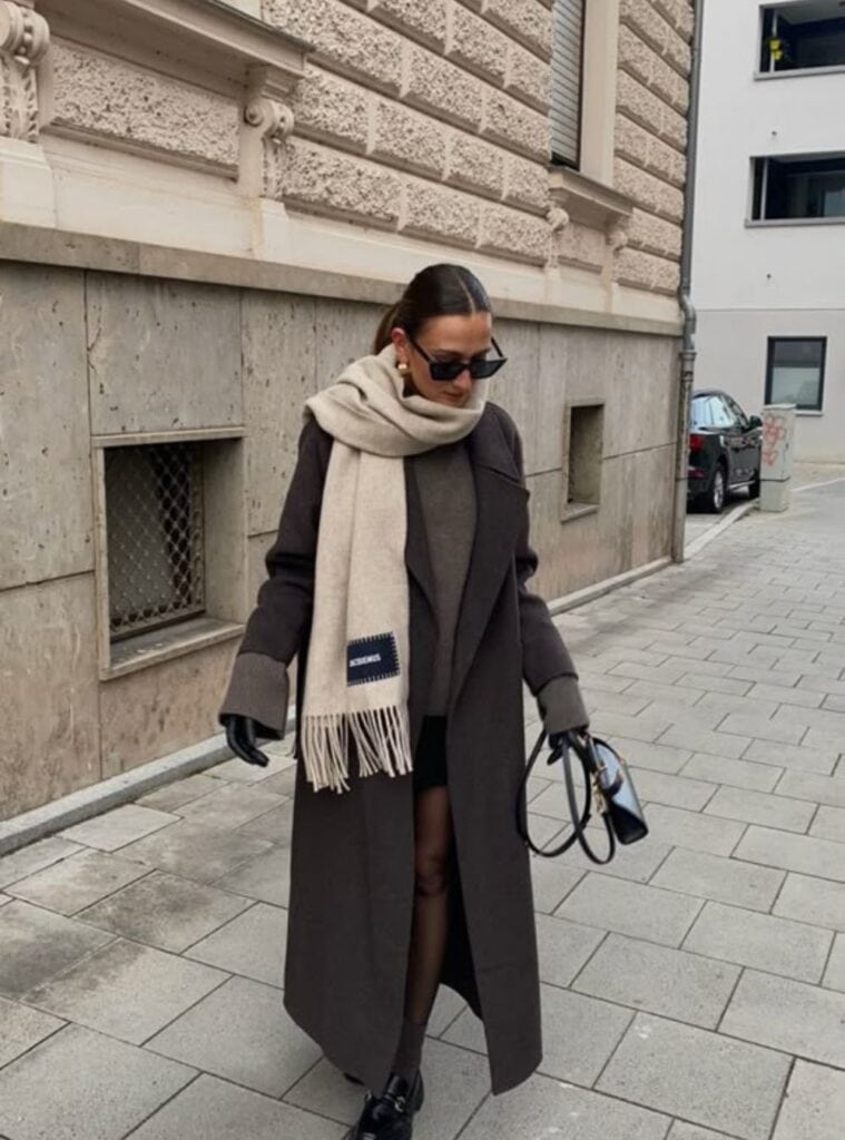 17 Brown Maxi Coat Brown Sweater Neutral Scarf Black Tights Black Loafers nye outfits winter brown coat sweater scarf loafers