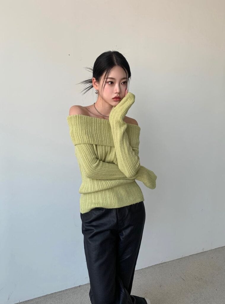 17 Off the Shoulder Knit Sweater and Black Faux Leather Pants green christmas sweater outfit off-shoulder sweater leather pants