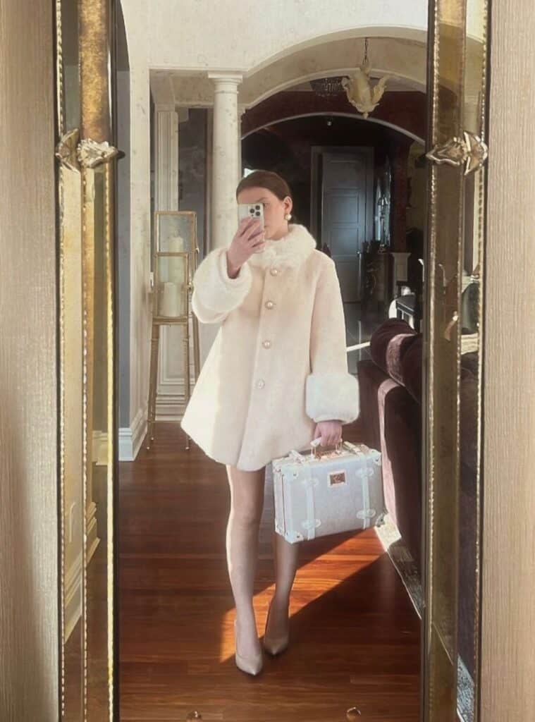 17 Pale Pink Swing Coat with Fur Collar christmas inspo outfit pink swing coat fur collar