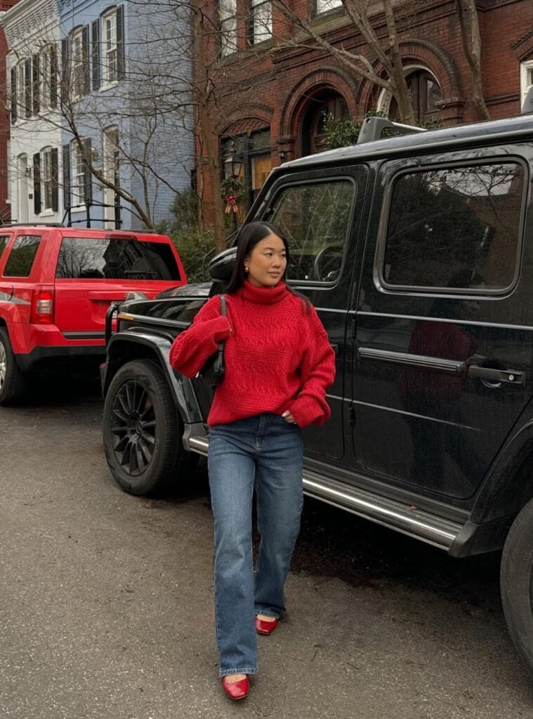 17 Red Cable Knit Turtleneck Dark Wash Straight Leg Jeans Red Ballet Flats red sweater winter outfit cable turtleneck jeans ballet flats