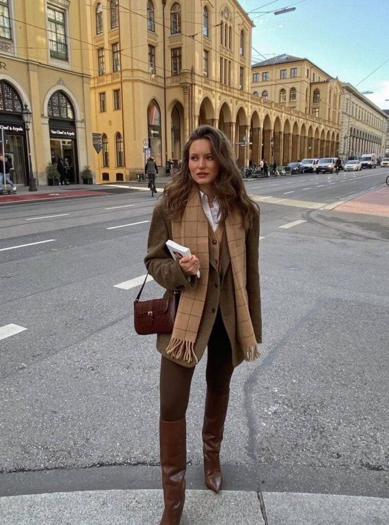 18 Brown Plaid Suit White Blouse Brown Tights Pants Brown Scarf Brown Knee High Boots christmas outfit for church plaid suit scarf boots