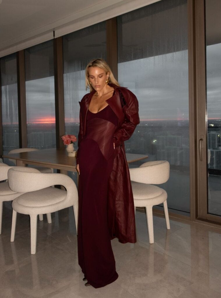 18 Burgundy Maxi Dress Red Leather Trench Coat christmas inspo outfit burgundy dress red trench coat