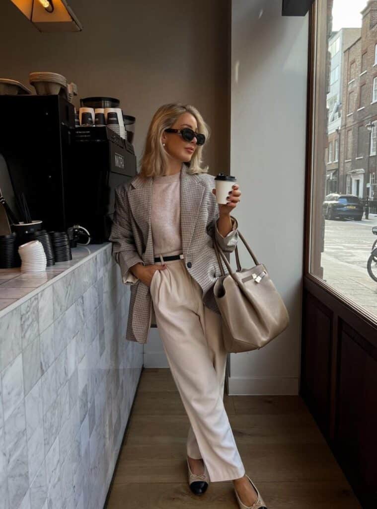 18 Plaid Blazer Light Pink Sweater Cream Trousers Cap Toe Flats Taupe Tote Bag christmas party office outfit plaid blazer cream trousers