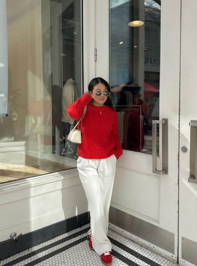18 Red Fluffy Knit Sweater White Wide Leg Trousers Red Sneakers red color outfits fluffy sweater white trousers sneakers