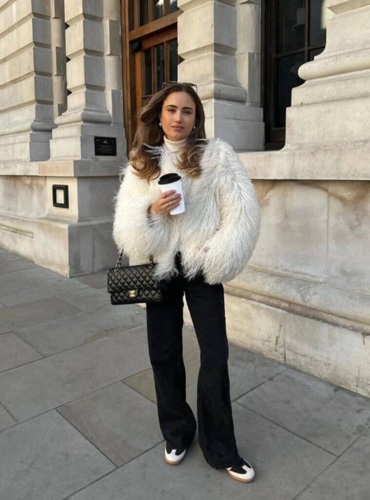 18 White Shaggy Faux Fur Jacket White Turtleneck Black Wide Leg Jeans Two Tone Sneakers cute nye outfits faux fur jacket jeans sneakers