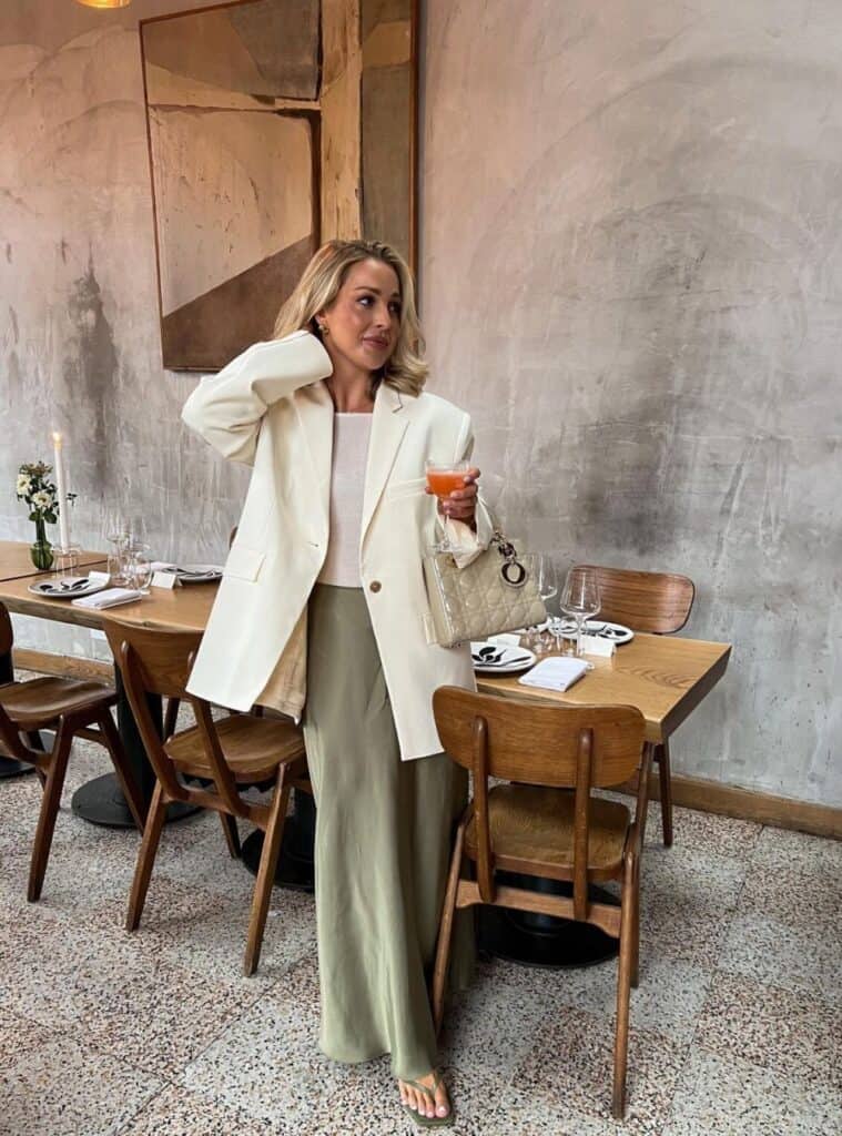 19 Cream Oversized Blazer Ribbed Knit Top Sage Green Satin Wide Leg Trousers office christmas party outfit for women cream blazer satin pants