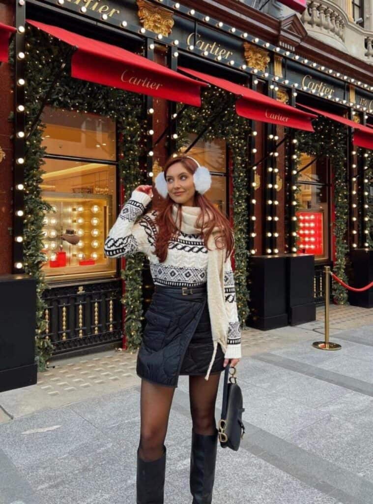 19 Fair Isle Sweater White Scarf Black Quilted Mini Skirt Black Tights Black Knee High Boots winter fashion ideas fair isle sweater quilted skirt boots