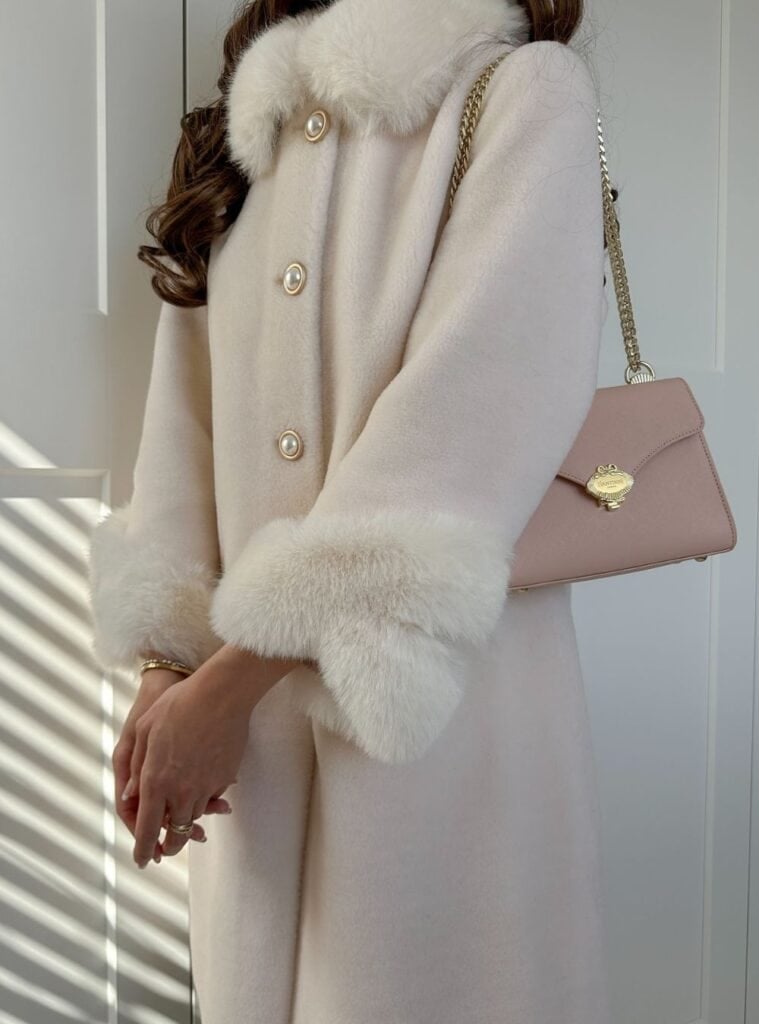 19 Pink Coat with Faux Fur Collar and Pearl Buttons christmas white outfit pink coat faux fur collar