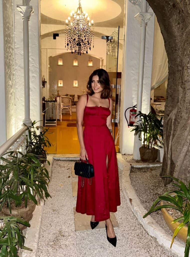 19 Red Satin Cami Dress with Slit Black Pumps red outfit for christmas satin cami dress pumps