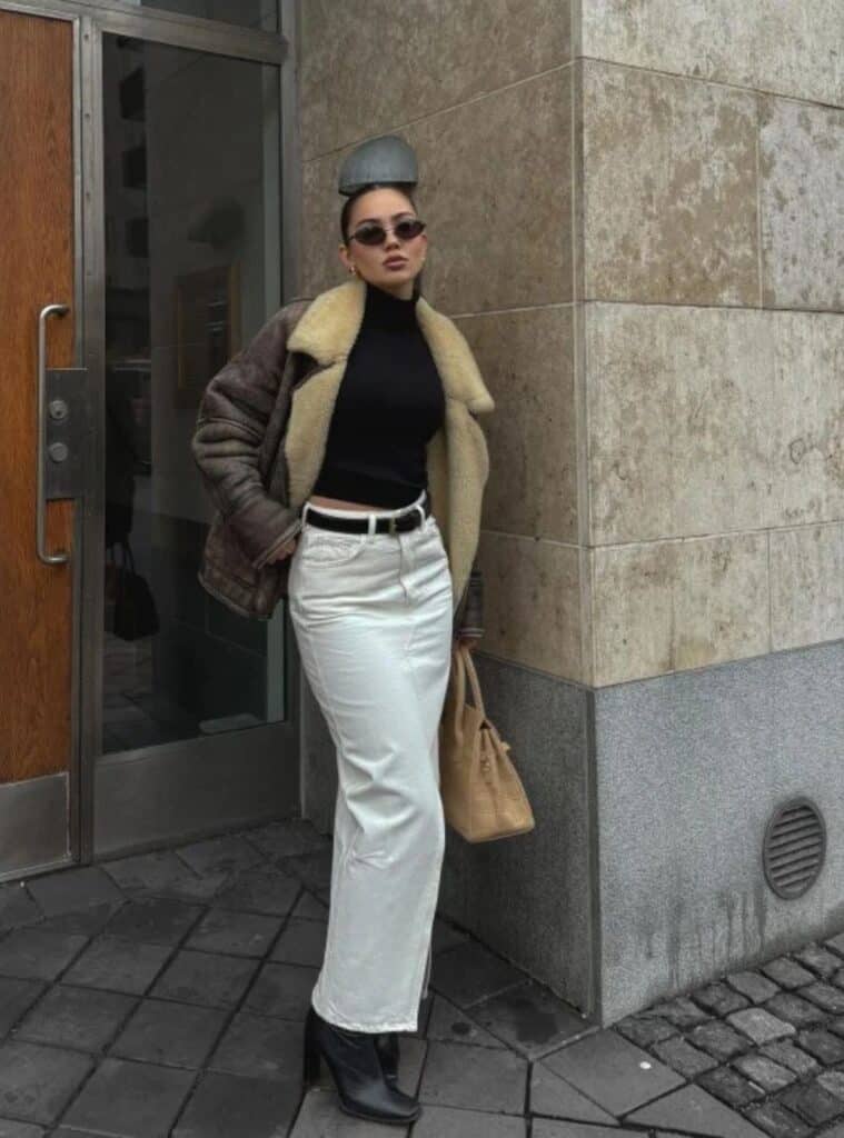 2 Brown Shearling Jacket Black Turtleneck White Denim Maxi Skirt Black Boots christmas party office outfit shearling jacket denim skirt