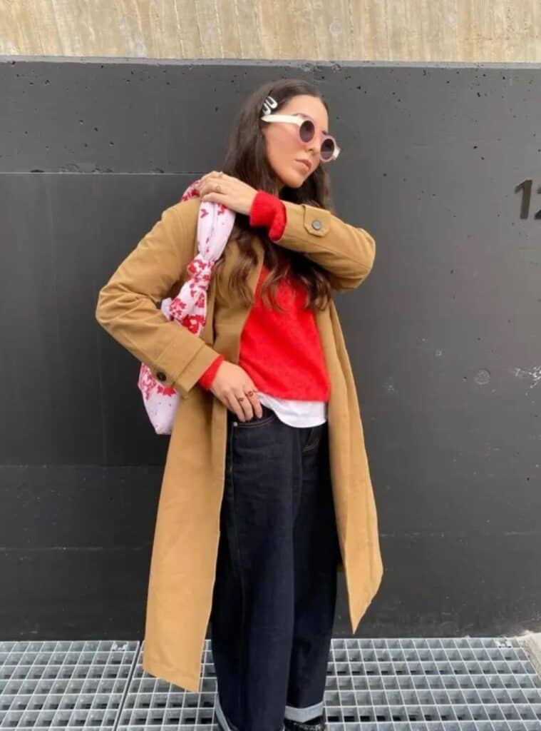2 Camel Trench Coat Red Crewneck Sweater Dark Wash Wide Jeans red sweater winter outfit trench coat wide jeans