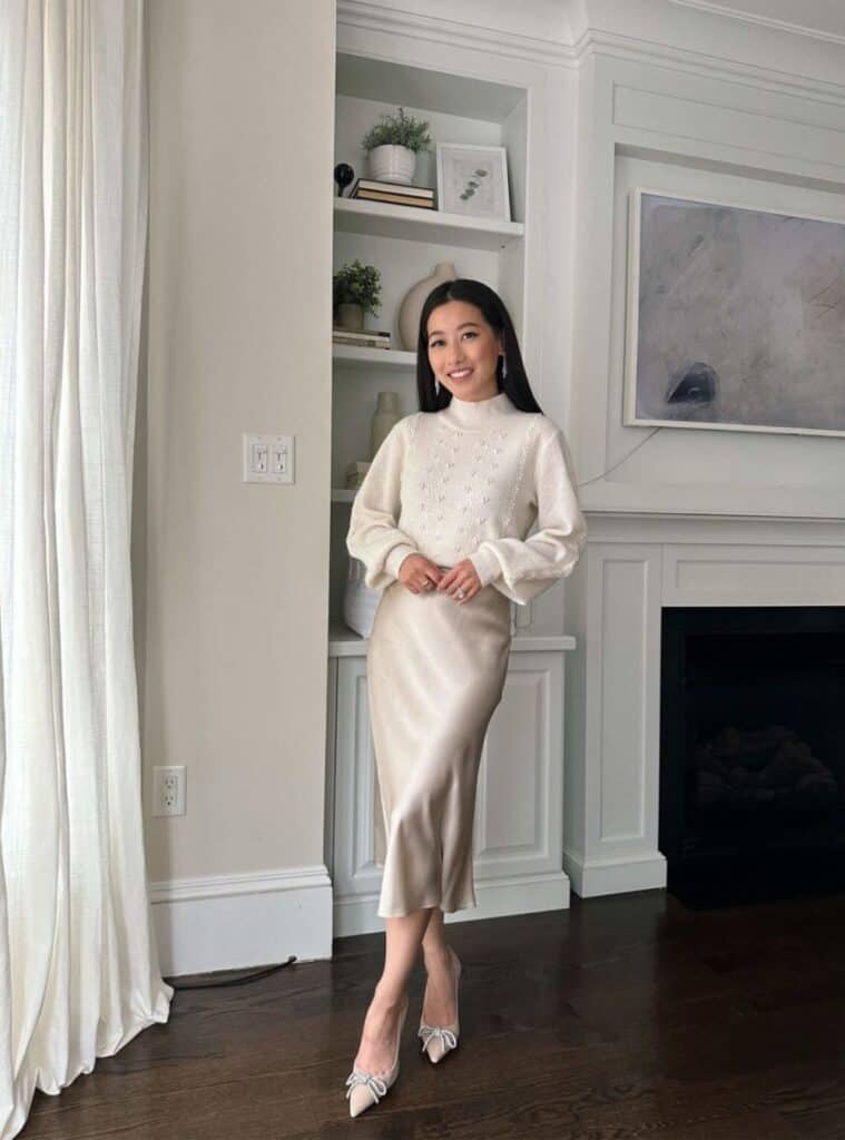 2 Cream Cable Knit Sweater Champagne Silk Midi Skirt Bow Slingback Heels christmas outfit for church cable knit sweater silk skirt