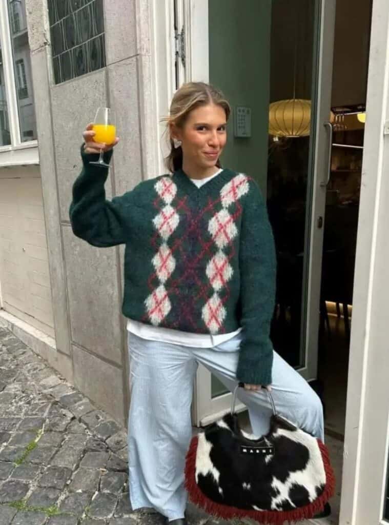 2 Green Argyle Sweater Striped Wide Leg Pants and Cow Print Fringe Bag christmas green outfit argyle sweater striped pants fringe bag